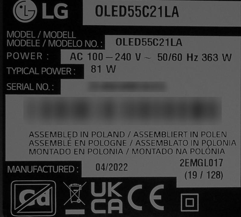 Tabliczka znamionowa LG OLED55C2