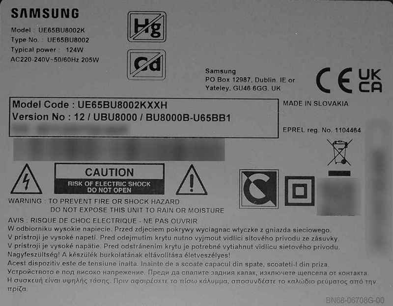 Tabliczka znamionowa Samsung 65BU8002