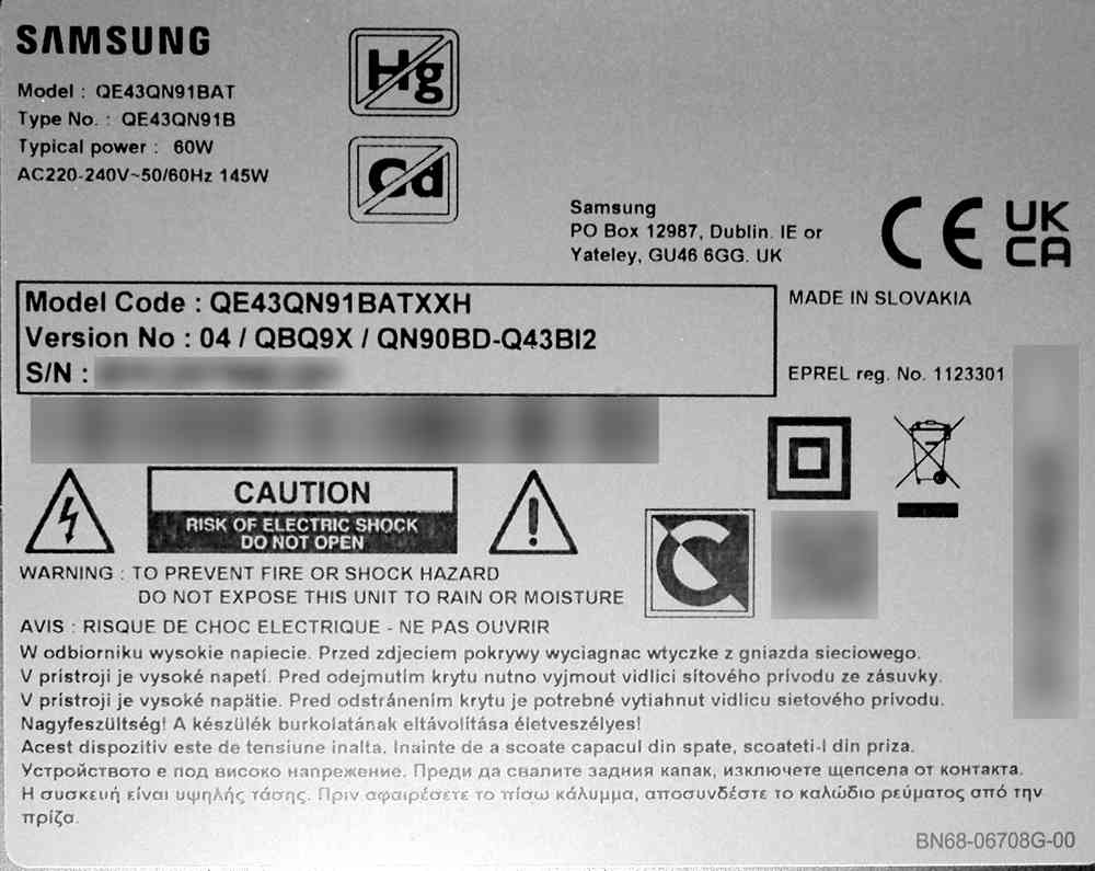 Tabliczka znamionowa Samsung 43QN91B
