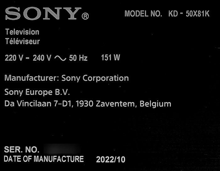 Tabliczka znamionowa Sony 50X81K