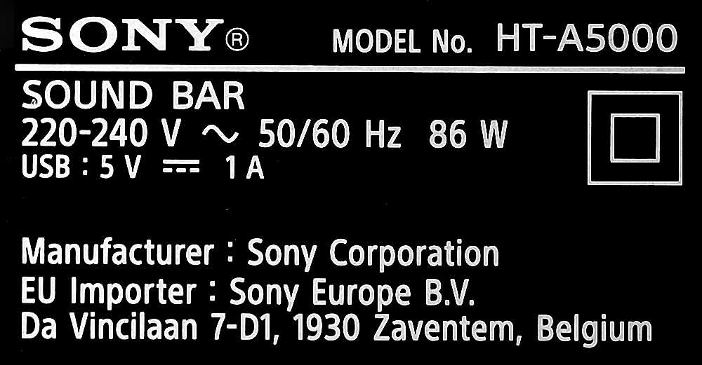 Tabliczka znamionowa Sony HT-A5000