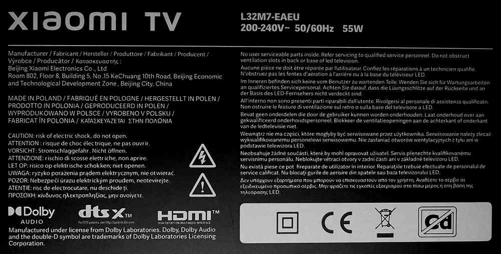 Tabliczka znamionowa Xiaomi Mi LED TV A2 32″