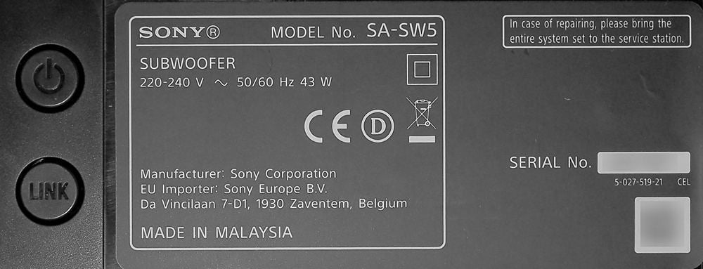 Tabliczka znamionowa Sony SA-SW5