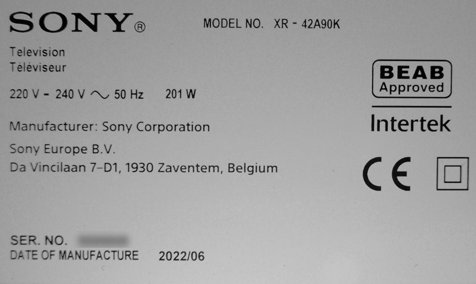 Tabliczka znamionowa Sony 42A90K