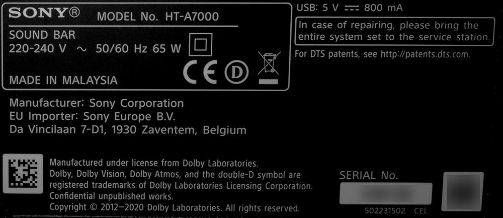 Tabliczka znamionowa Sony HT-A7000