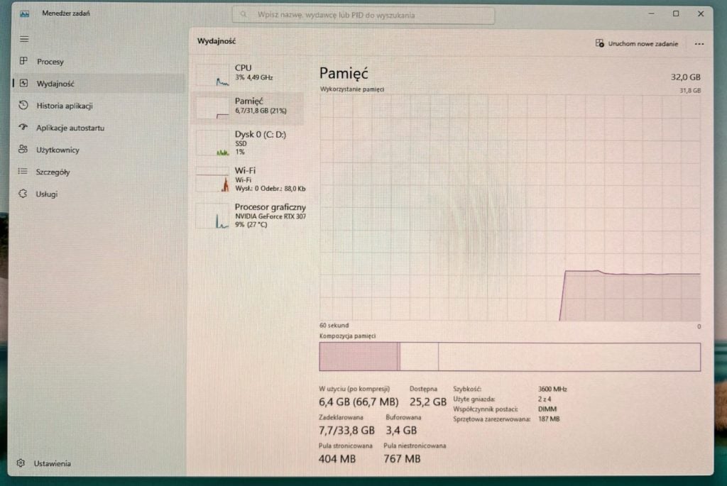 Zdjęcie ekranu - menedżer zadań, pamięć RAM w Windows 11