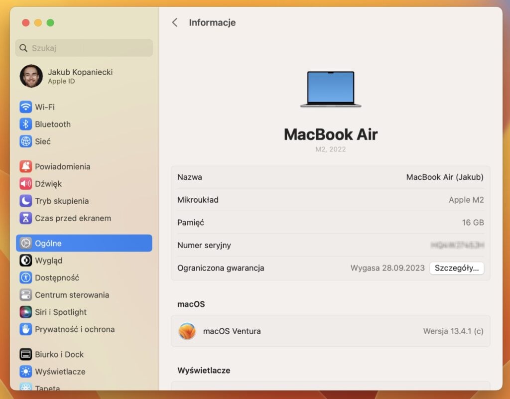 Ustawienia mac OS model laptopa Apple