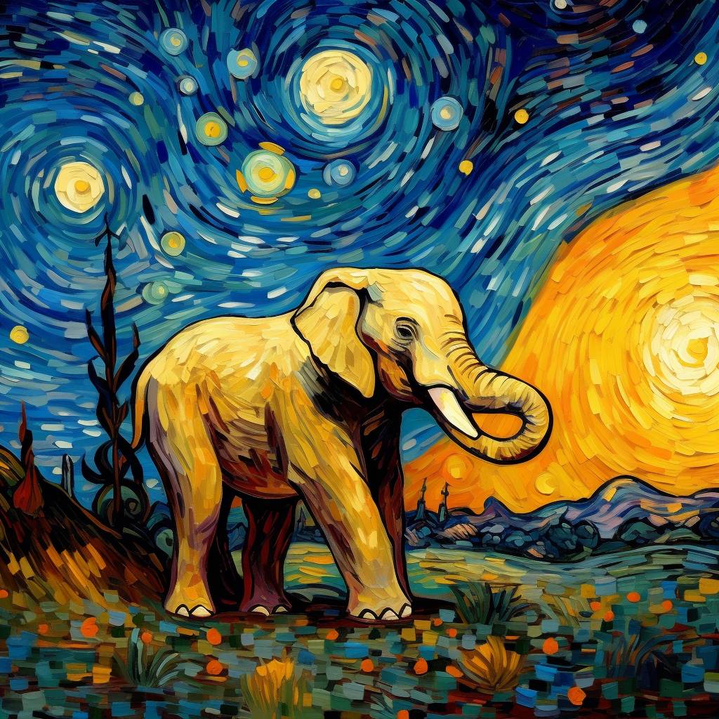 słoń w stylu Van Gogha - obraz stworzony przez Midjourney