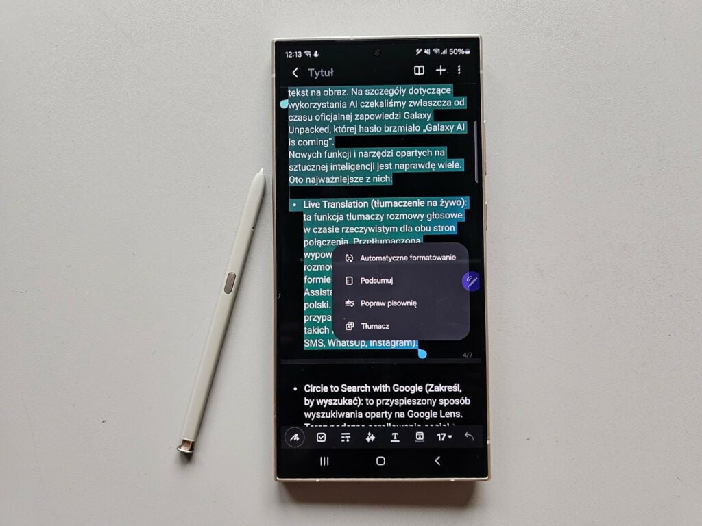 Samsung Galaxy S24 Ultra Asystent notatek