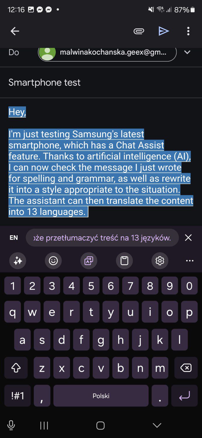 Galaxy AI asystent pisania