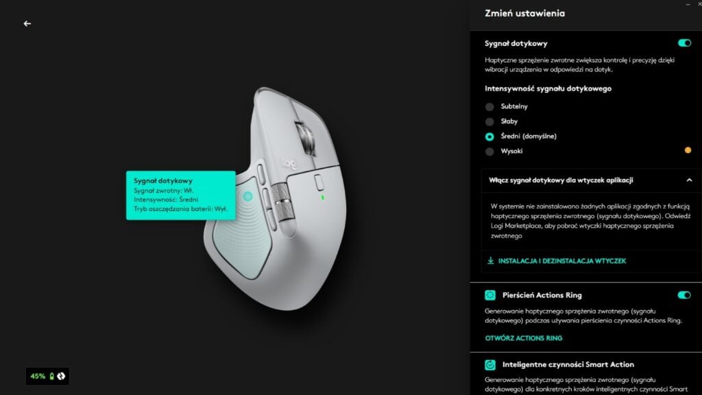 ustawienia haptyki w logitech mx master 4 za pomocą logi options+